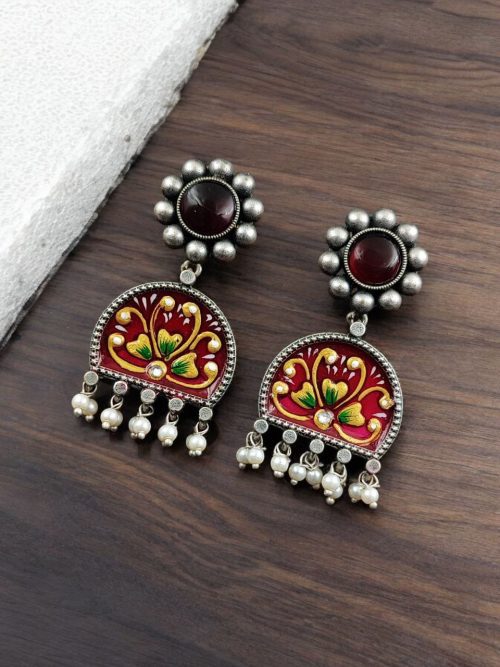 Handpanted Silver Touch Earrings With Stone Stud | Premium Jaipur Jewelry