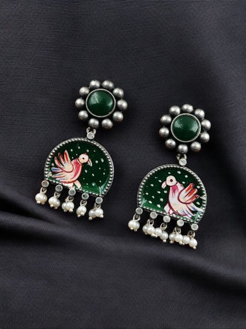 Handpanted Silver Touch Earrings With Stone Stud | Premium Jaipur Jewelry