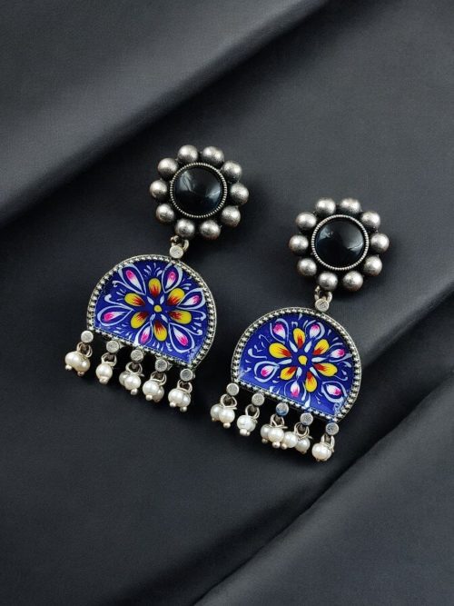 Handpanted Silver Touch Earrings With Stone Stud | Premium Jaipur Jewelry