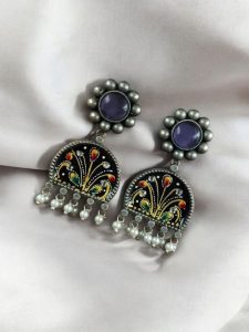 Handpanted Silver Touch Earrings With Stone Stud | Unique Premium Jaipur Jewelry - Color: "Black"