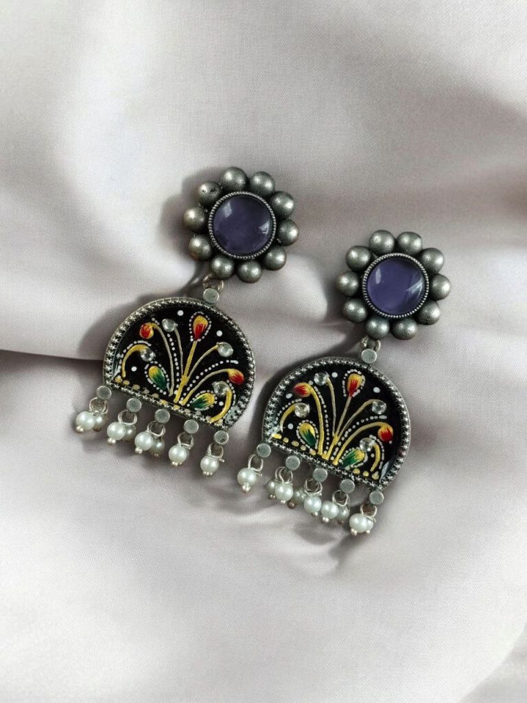 Bulk 506 Handpanted Silver Touch Earrings With Stone Stud | Unique Premium Jaipur Jewelry - "Black"