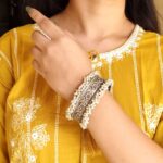 Handmade Cuff Bangle Silver Replica Floral Art | Unique Pearl Work Bracelet