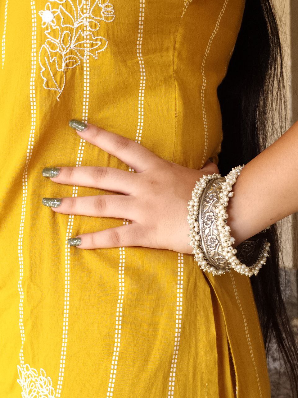 Handmade Cuff Bangle Silver Replica Floral Art | Unique Pearl Work Bracelet 4 Handmade Cuff Bangle Silver Replica Floral Art | Pearl Work Bracelet