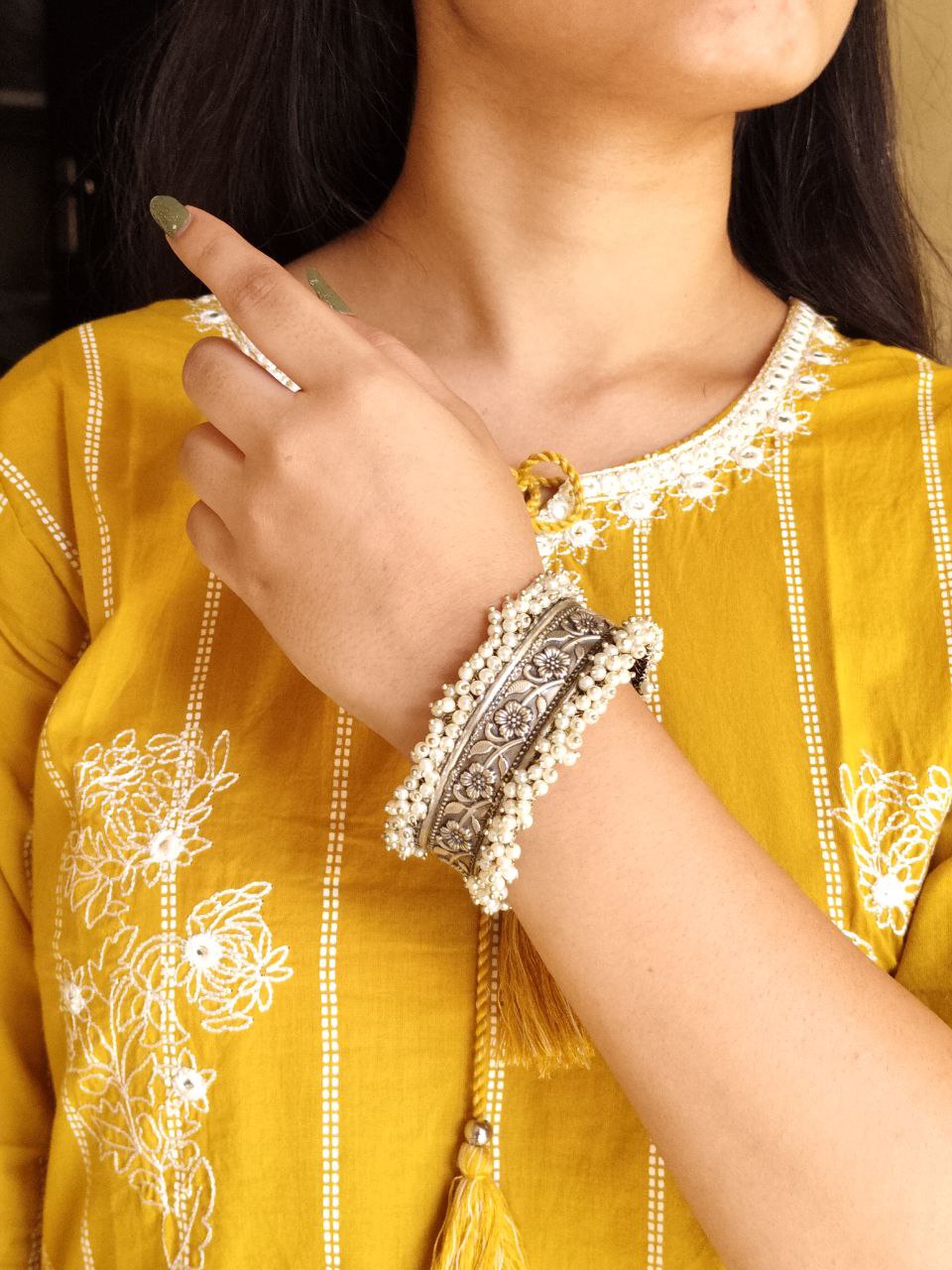 Handmade Cuff Bangle Silver Replica Floral Art | Unique Pearl Work Bracelet 1 Handmade Cuff Bangle Silver Replica Floral Art | Pearl Work Bracelet