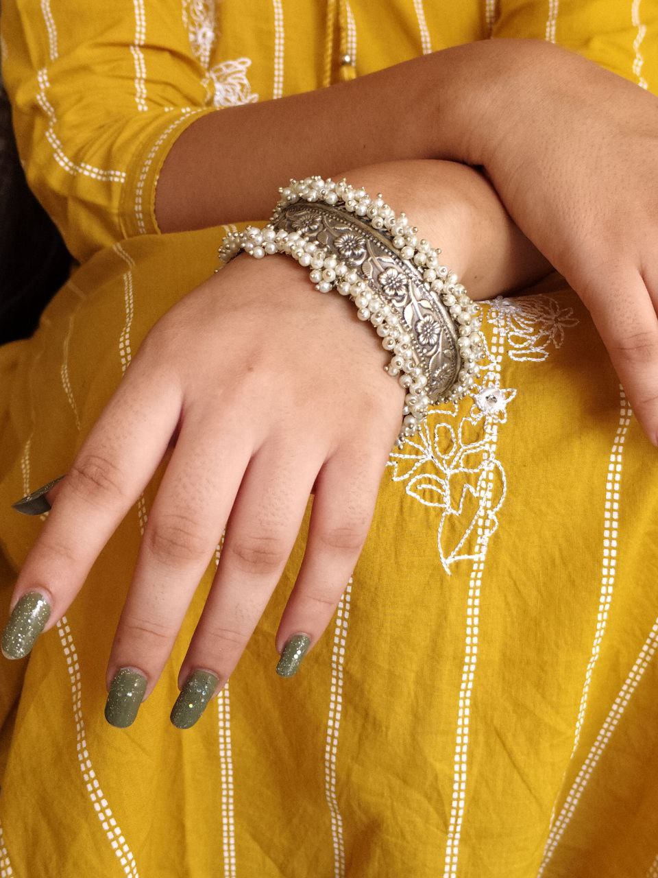 Handmade Cuff Bangle Silver Replica Floral Art | Unique Pearl Work Bracelet 2 Handmade Cuff Bangle Silver Replica Floral Art | Pearl Work Bracelet