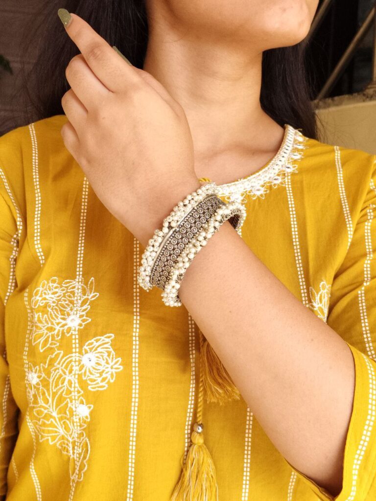 Silver Replica Cuff Bangle in Premium Quality | Best Pearl Work Bracelet