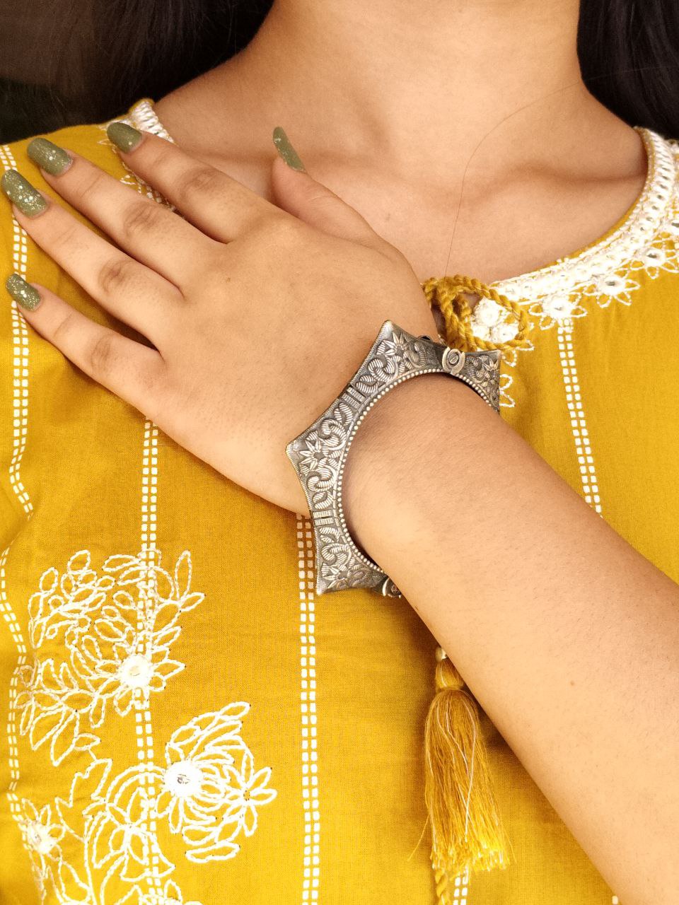 Silver Replica Floral Art Kada Bangle | Oxidized Free Sized Bracelet 1 Oxidized free-sized silver replica floral art kada bangle bracelet with intricate floral designs.