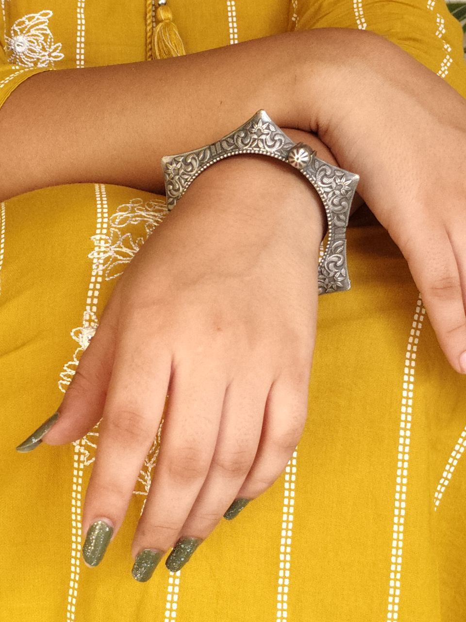 Silver Replica Floral Art Kada Bangle | Oxidized Free Sized Bracelet 4 Oxidized free-sized silver replica floral art kada bangle bracelet with intricate floral designs.