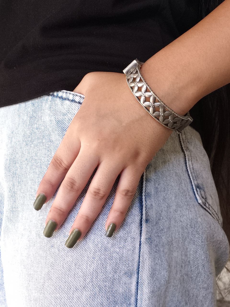 Traditional Silver Kada | Oxidised Flower Design Bangles | Free Size Bracelet 2 Traditional Silver Kada | Oxidised Flower Design Bangles | Free Size Bracelet