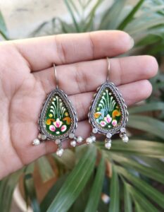 Silver Replica Hand-painted Earrings - Unique Dangler Hook Style Jewellery - Color: "Green"