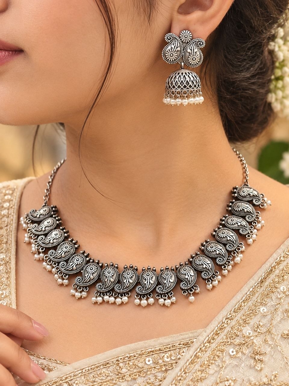 Traditional Oxidised Choker Necklace Set | Best Silver Replica Jewelry 1 Traditional Oxidised Choker Necklace Set | Silver Replica Jewelry