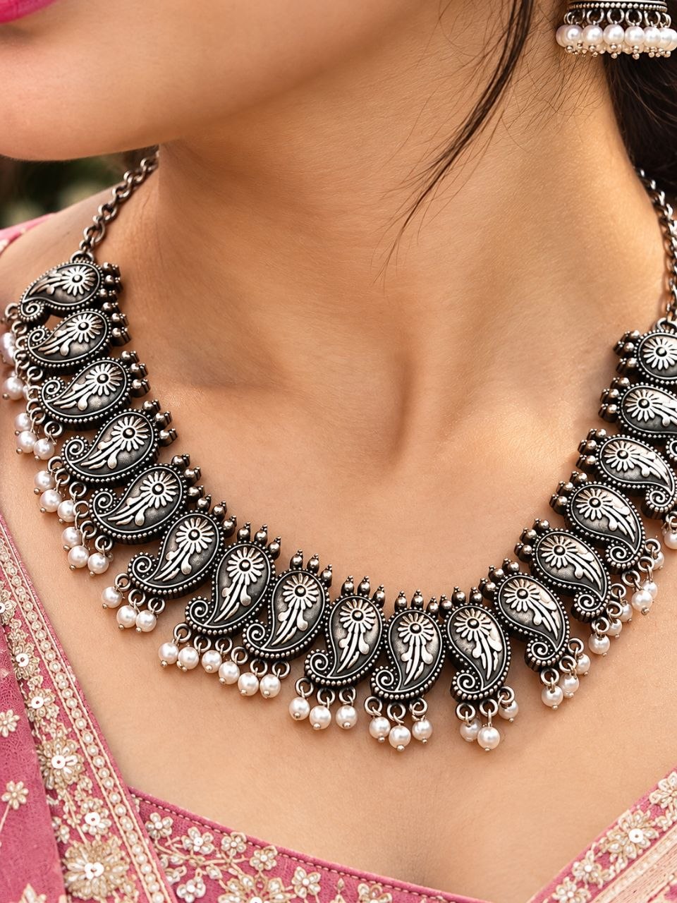 Traditional Oxidised Choker Necklace Set | Best Silver Replica Jewelry 3 Traditional Oxidised Choker Necklace Set | Silver Replica Jewelry