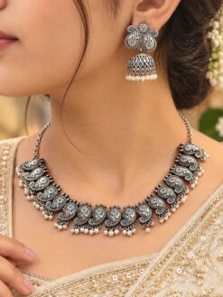 Traditional Oxidised Choker Necklace Set | Silver Replica Jewelry