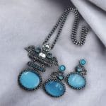 Silver Replica Pendant Set | Unique Peacock Design Monalisa Stone Necklace - "Aqua"