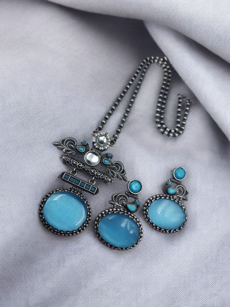 Bulk 482 Silver Replica Pendant Set | Unique Peacock Design Monalisa Stone Necklace - "Aqua"
