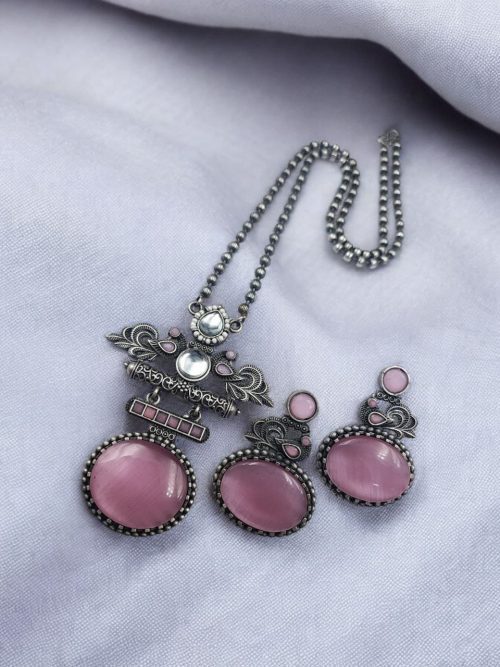 Silver Replica Pendant Set | Unique Peacock Design Monalisa Stone Necklace