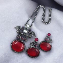Silver Replica Pendant Set | Unique Peacock Design Monalisa Stone Necklace