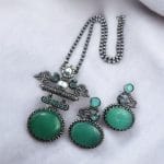 Silver Replica Pendant Set | Unique Peacock Design Monalisa Stone Necklace - "Mint"