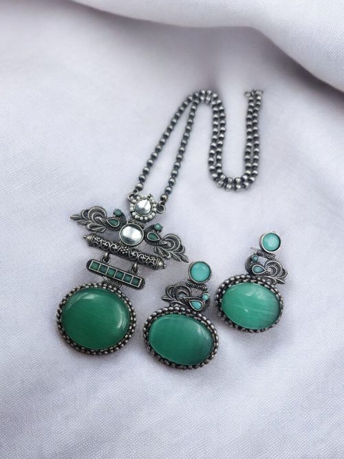 Silver Replica Pendant Set | Unique Peacock Design Monalisa Stone Necklace