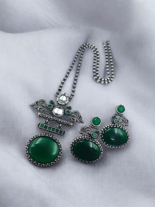 Silver Replica Pendant Set | Unique Peacock Design Monalisa Stone Necklace