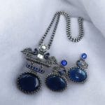 Silver Replica Pendant Set | Unique Peacock Design Monalisa Stone Necklace - "Blue"