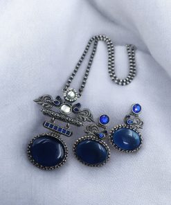 Silver Replica Pendant Set | Unique Peacock Design Monalisa Stone Necklace