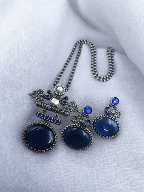 Silver Replica Pendant Set | Unique Peacock Design Monalisa Stone Necklace