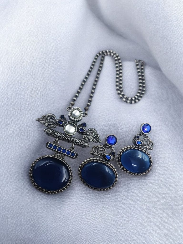 Bulk 480 Silver Replica Pendant Set | Unique Peacock Design Monalisa Stone Necklace - "Blue"