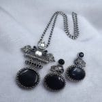 Silver Replica Pendant Set | Unique Peacock Design Monalisa Stone Necklace - "Black"