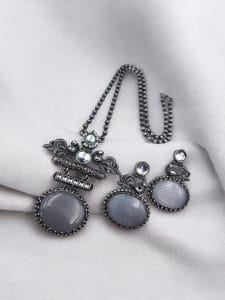 Silver Replica Pendant Set | Unique Peacock Design Monalisa Stone Necklace - Color: "Grey"