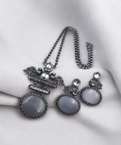 Silver Replica Pendant Set | Unique Peacock Design Monalisa Stone Necklace