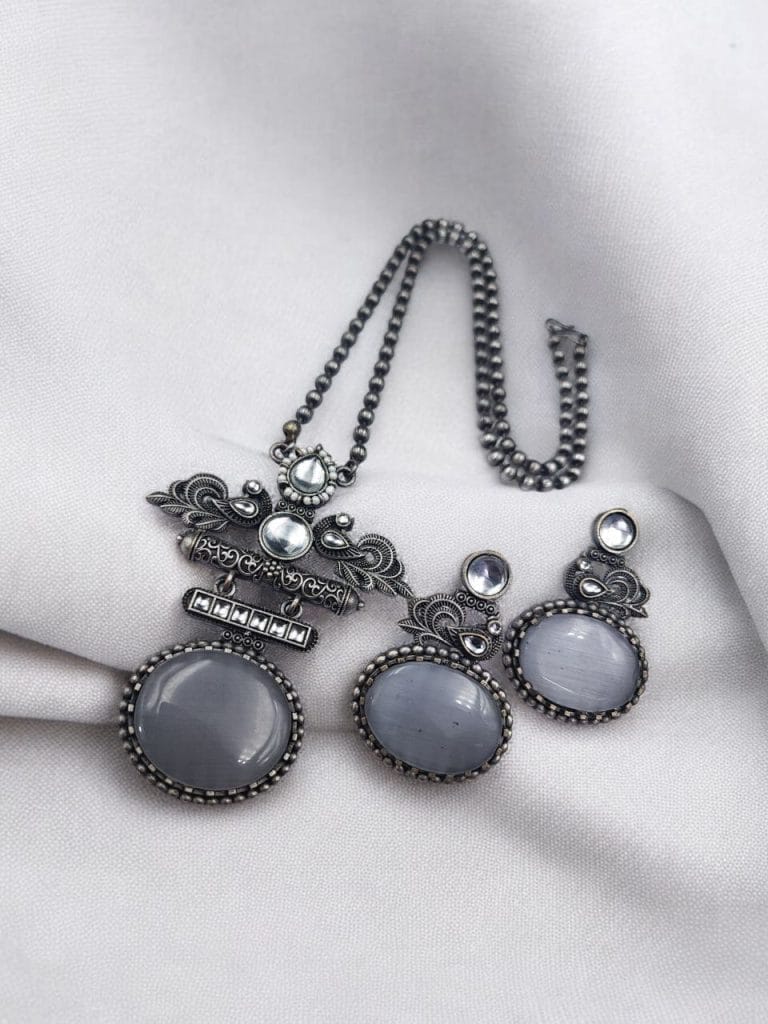 Bulk 478 Silver Replica Pendant Set | Unique Peacock Design Monalisa Stone Necklace - "Grey"