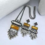 Antique Touch Silver Look Necklace Set | Unique Oxidized Monalisa Stone Chain Pendant - "Yellow"