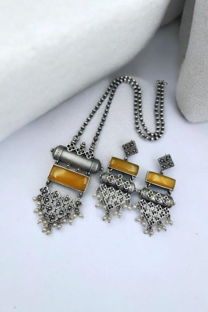 Bulk 496 Antique Touch Silver Look Necklace Set | Unique Oxidized Monalisa Stone Chain Pendant - "Yellow"