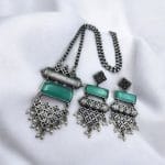 Antique Touch Silver Look Necklace Set | Unique Oxidized Monalisa Stone Chain Pendant - "Mint"