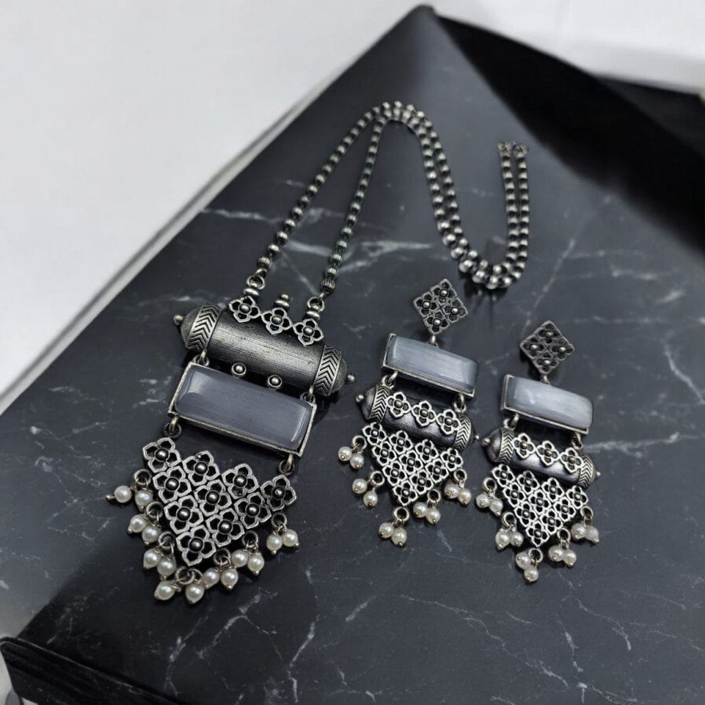 Bulk 494 Antique Touch Silver Look Necklace Set | Unique Oxidized Monalisa Stone Chain Pendant - "Grey"