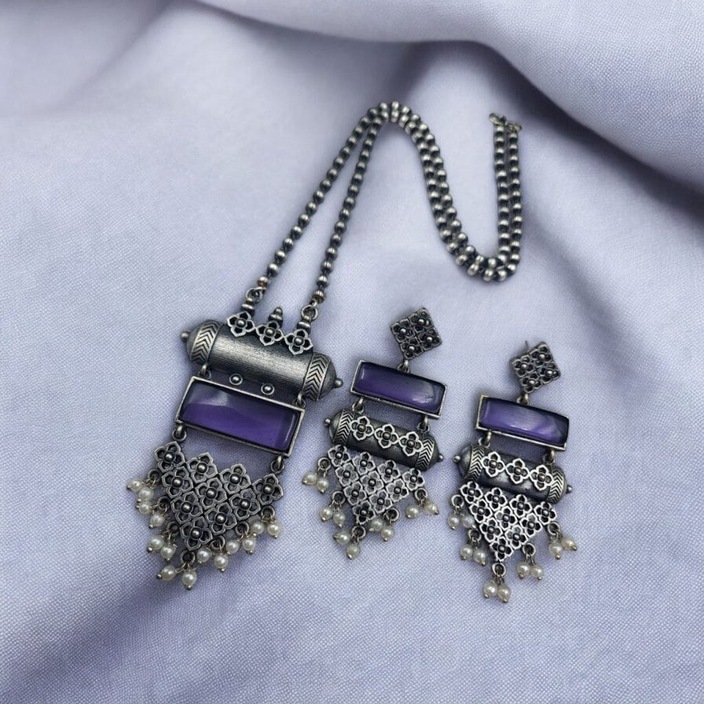 Bulk 492 Antique Touch Silver Look Necklace Set | Unique Oxidized Monalisa Stone Chain Pendant - "Amethyst"