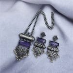 Antique Touch Silver Look Necklace Set | Unique Oxidized Monalisa Stone Chain Pendant - "Amethyst"
