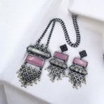 Antique Touch Silver Look Necklace Set | Unique Oxidized Monalisa Stone Chain Pendant - "Babypink"