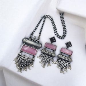 Antique Touch Silver Look Necklace Set | Unique Oxidized Monalisa Stone Chain Pendant - Color: "Babypink"