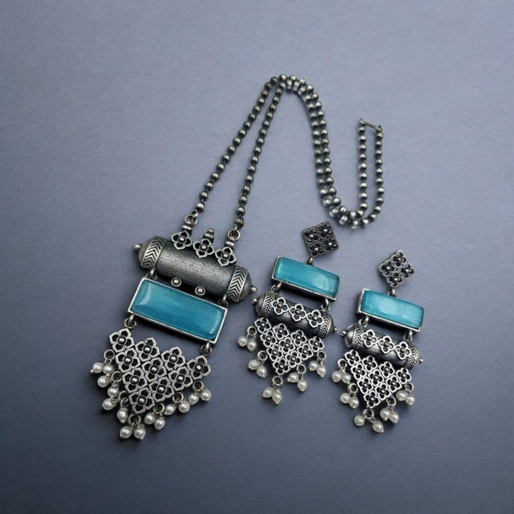 Bulk 486 Antique Touch Silver Look Necklace Set | Unique Oxidized Monalisa Stone Chain Pendant - "Aqua"
