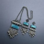 Antique Touch Silver Look Necklace Set | Unique Oxidized Monalisa Stone Chain Pendant