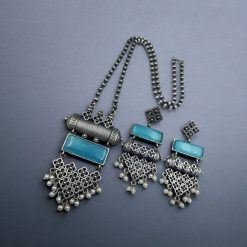 Antique Touch Silver Look Necklace Set | Oxidized Monalisa Stone Chain Pendant