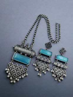 Antique Touch Silver Look Necklace Set | Oxidized Monalisa Stone Chain Pendant