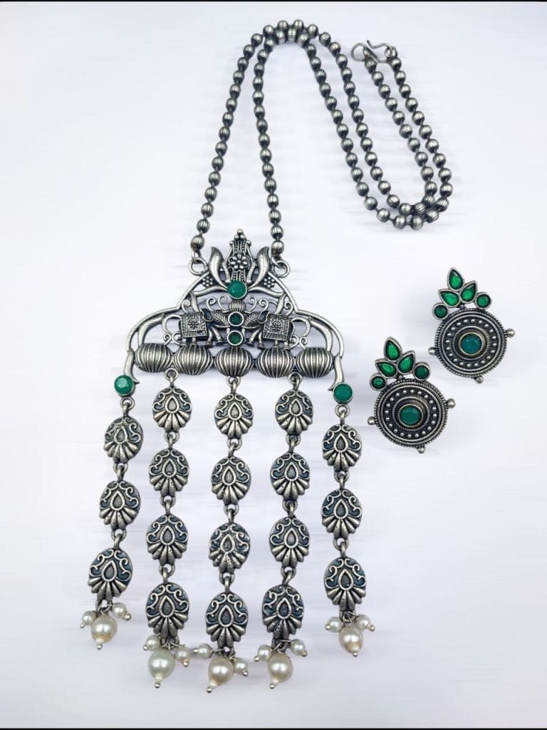 Bulk 460 Oxidized Elephant Necklace Set | Unique Long Dangler Silver Touch Jewelry - "Green"