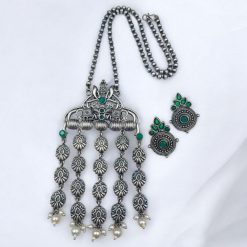 Oxidized Elephant Design Necklace Set | Unique Long Dangler Silver Touch Jewelry