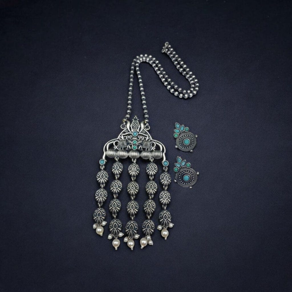 Bulk 468 Oxidized Elephant Necklace Set | Unique Long Dangler Silver Touch Jewelry - "Mint"