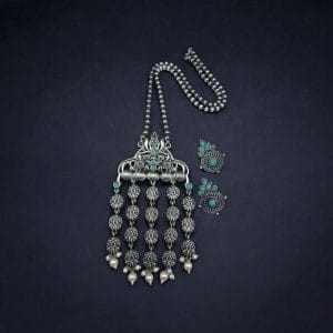 Oxidized Elephant Necklace Set | Unique Long Dangler Silver Touch Jewelry - Color: "Mint"