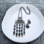 Oxidized Elephant Necklace Set | Unique Long Dangler Silver Touch Jewelry - "White"