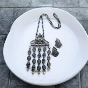 Oxidized Elephant Necklace Set | Unique Long Dangler Silver Touch Jewelry - Color: "White"